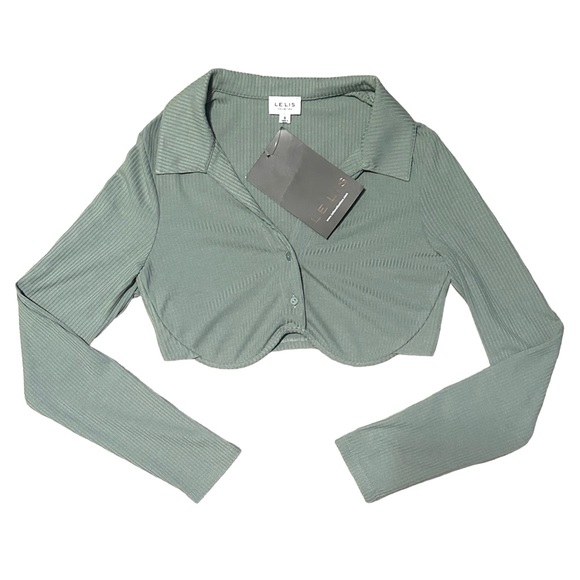 NEW Le Lis Collared Button Front Long Sleeve Underwire Underbust Crop Top Small - Picture 3 of 6